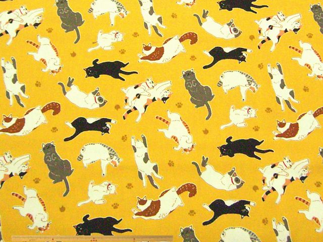 ネコ柄・コットンオックスプリント(イエロー)