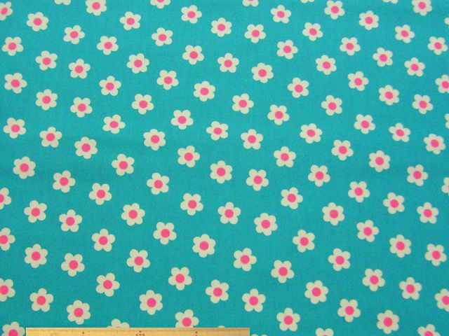 デイジー(フラワー)柄コットンオックスプリント(ターコイズブルー)